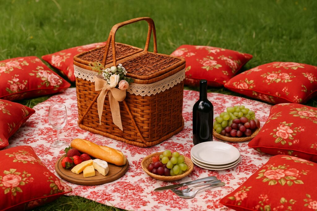 Vintage wicker picnic basket decorated with lace and flowers, placed on a patterned picnic blanket outdoors. Surrounded by eight red floral cushions, the setup includes picnic essentials: a wooden board with bread, cheese, and strawberries, bowls of grapes, a wine bottle, glassware, stacked plates, and cutlery. The arrangement reflects vintage picnic basket decorating ideas with a rustic and elegant style.