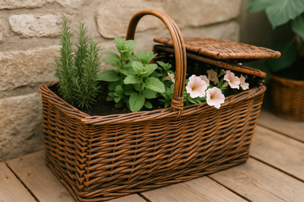 Old wicker picnic basket repurposed as a garden planter, set on a wooden deck beside a stone wall. Inside are fresh rosemary, mint, and blooming pale pink petunias growing in rich soil. The lid is partly open, showing the natural weave and aged brown texture of the basket. Soft daylight highlights the greenery and rustic details, creating an eco-friendly, realistic scene ideal for illustrating upcycling ideas.