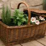 Old wicker picnic basket repurposed as a garden planter, set on a wooden deck beside a stone wall. Inside are fresh rosemary, mint, and blooming pale pink petunias growing in rich soil. The lid is partly open, showing the natural weave and aged brown texture of the basket. Soft daylight highlights the greenery and rustic details, creating an eco-friendly, realistic scene ideal for illustrating upcycling ideas.
