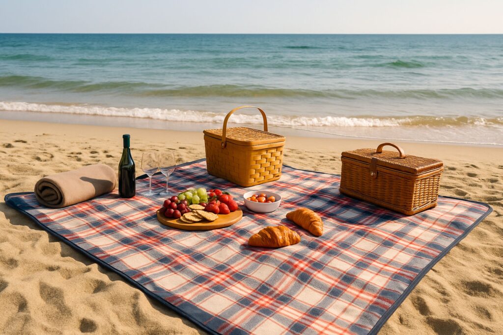 beach picnic setup on soft golden sand featuring a large waterproof sand-proof blanket, a wicker picnic basket filled with fruit, bread, and wine, a wooden serving tray with glasses, decorative cushions, a straw sun hat, and sunglasses. Gentle ocean waves and a warm sunset glow create a cozy, inviting seaside atmosphere ideal for a beach picnic.