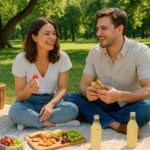image of a young couple enjoying a picnic first date in a sunny park. They sit on a beige blanket surrounded by green trees, a wicker basket, grapes, cheese, and juice bottles. The relaxed outdoor setup reflects comfort, connection, and natural chemistry, perfectly illustrating the idea of a calm and genuine first-date picnic.