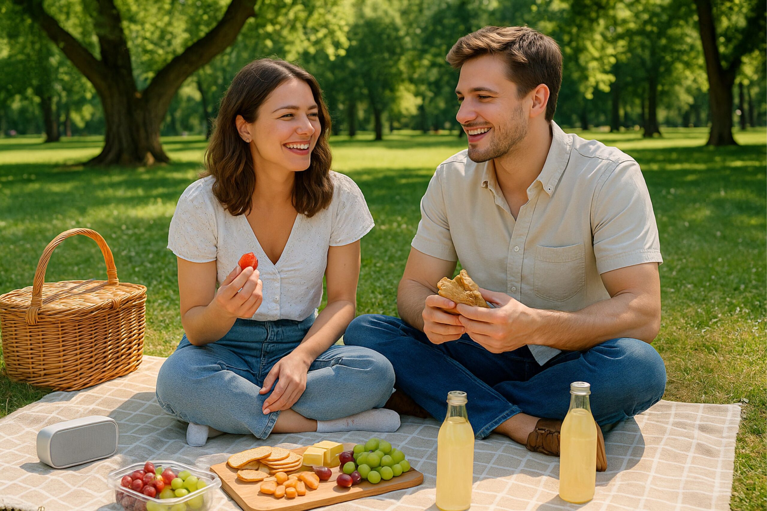 image of a young couple enjoying a picnic first date in a sunny park. They sit on a beige blanket surrounded by green trees, a wicker basket, grapes, cheese, and juice bottles. The relaxed outdoor setup reflects comfort, connection, and natural chemistry, perfectly illustrating the idea of a calm and genuine first-date picnic.