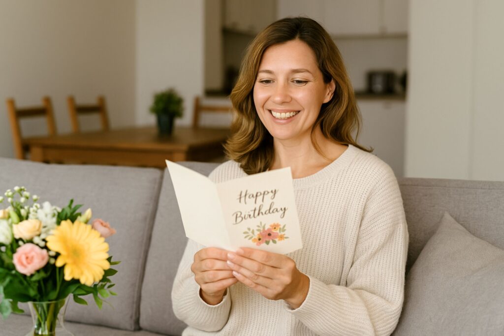 A happy daughter-in-law reading a handmade birthday card at home with fresh flowers nearby, symbolizing family love and appreciation. The warm, realistic setting illustrates how to say happy birthday daughter-in-law with heartfelt words, thoughtful gestures, and personalized celebration ideas that make her feel valued and loved.