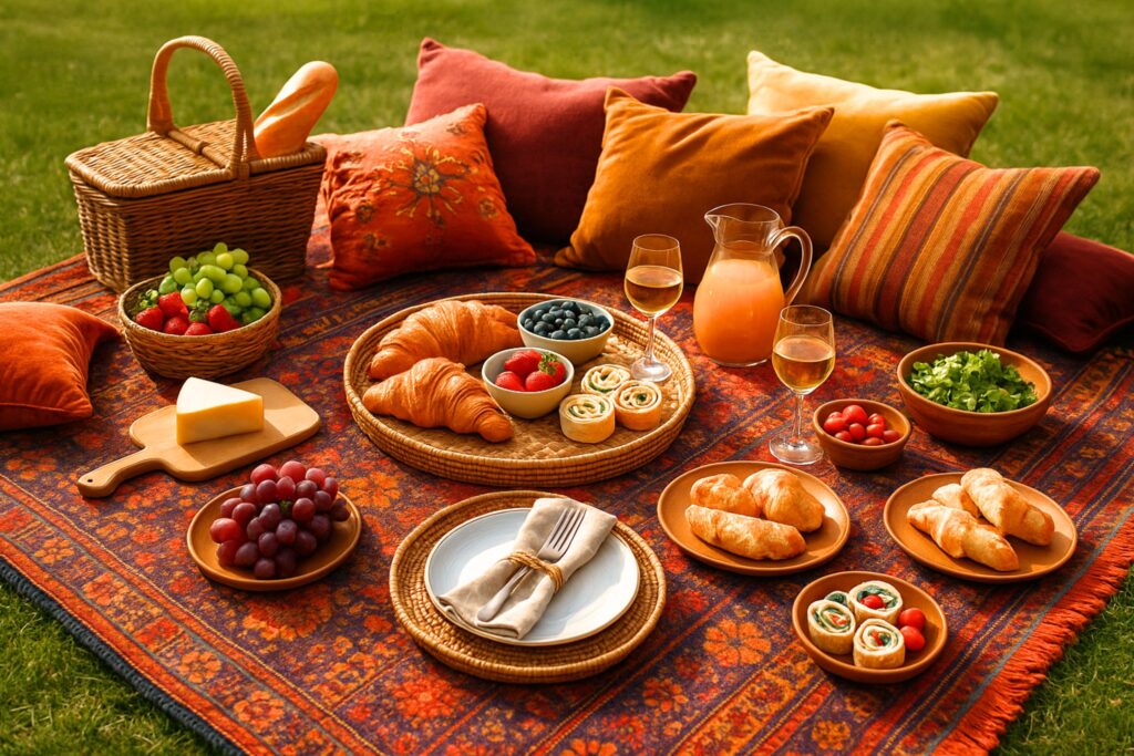Boho-style picnic party setup in a sunny park with a colorful patterned blanket, woven baskets, wooden serving boards, cushions, flowers, and reusable tableware arranged under shaded trees. The scene shows people enjoying food and drinks outdoors, demonstrating picnic etiquette, food safety, and environmental respect—perfect visual example of picnic party rules and sustainable outdoor dining.