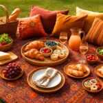 Boho-style picnic party setup in a sunny park with a colorful patterned blanket, woven baskets, wooden serving boards, cushions, flowers, and reusable tableware arranged under shaded trees. The scene shows people enjoying food and drinks outdoors, demonstrating picnic etiquette, food safety, and environmental respect—perfect visual example of picnic party rules and sustainable outdoor dining.