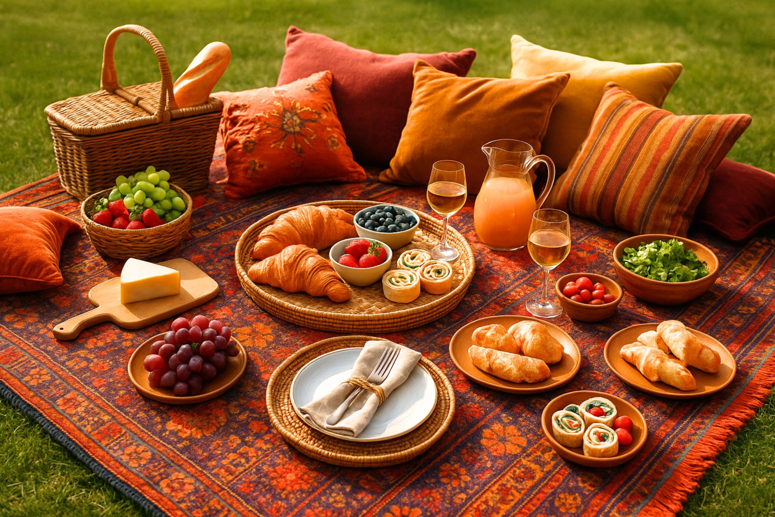 Boho-style picnic party setup in a sunny park with a colorful patterned blanket, woven baskets, wooden serving boards, cushions, flowers, and reusable tableware arranged under shaded trees. The scene shows people enjoying food and drinks outdoors, demonstrating picnic etiquette, food safety, and environmental respect—perfect visual example of picnic party rules and sustainable outdoor dining.