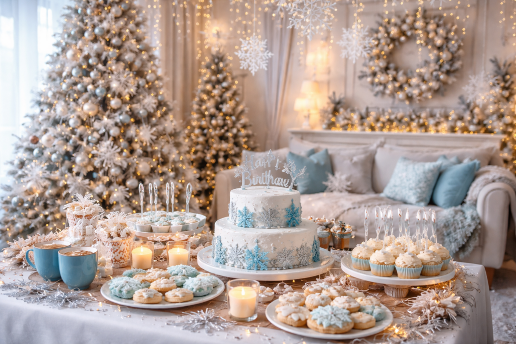 Winter birthday celebration with indoor and outdoor winter party setup, featuring winter-themed cakes, cupcakes, festive decorations, snow activities, and children enjoying winter games.