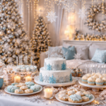 Winter birthday celebration with indoor and outdoor winter party setup, featuring winter-themed cakes, cupcakes, festive decorations, snow activities, and children enjoying winter games.